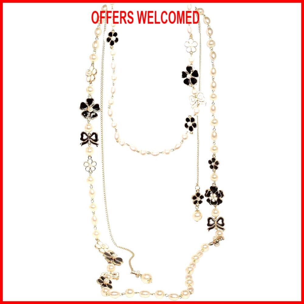 Layered Pearl Necklace with Flower Bow Charms for Women